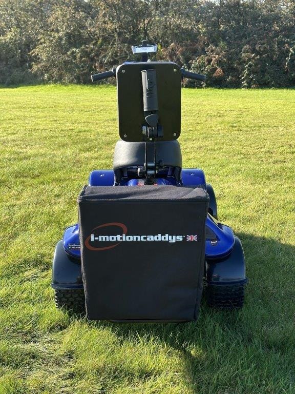 i-m4 single seater golf buggy in blue with back basket